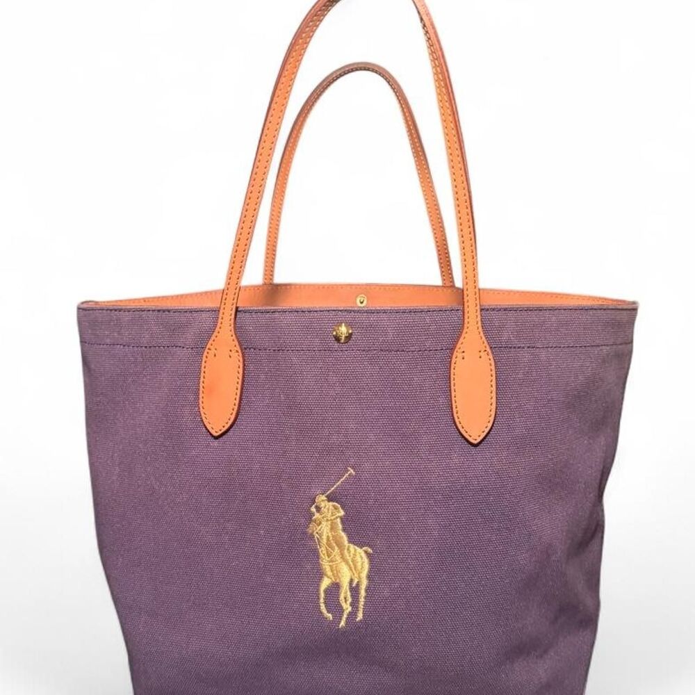 Polo Ralph Lauren Blue Canvas Tote Bag Brown Leather Trim Gold Pony Logo Large